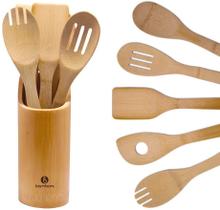 Bamboni Bamboo Utensílios Conjunto com Suporte- 6 Colheres de madeira orgânicas resistentes ao calor para cozinhar - Espátulas reutilizáveis para panelas antiaderente- ferramentas de panela não-arranhadas