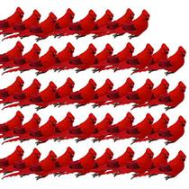 BANBERRY DESIGNS Cardinal Clip On Christmas Tree Ornament Decorations Set of 48 Cardinals with Silver Alligator Clips - Corpo Vermelho Flocked & Penas Reais 5 "Long
