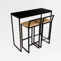 Bancada Cozinha Balcão Gourmet 120cm Preto Com 2 Banquetas Pinus Pt