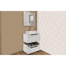 Bancada de Banheiro Balcão Suspenso BN3646 e Balcão c/ Rodízios BN3647 60cm e Armário c/ Espelho BN3648 60cm Mármore Branco - Tecno Mobili