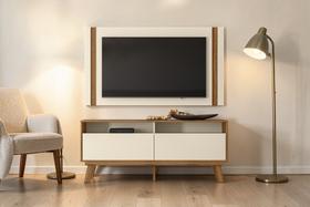 Bancada Rack com Painel Para TV Até 60 Pol Retrô 2 Portas Nicho Pés Palito Sala Moderna Perola Amêndoa