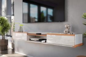 Bancada Suspensa Atlas 2.2 Suporte p/ Decoração e Eletrônicos Off White Perolizado/Jequitiba 2 Gavetas