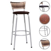 Banco Banqueta Balcão Alto Ideal Bancadas Ilhas Cozinha Americana Bar Estrutura Prata Encosto Junco Cappuccino Itagold