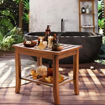 Banco de chuveiro de teca com prateleira de armazenamento, cor natural impermeável Banco de chuveiro de teca com prateleira de armazenamento, cor natural impermeável