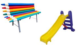 Banco lapis grande colorido perfeito para as crianças + 1 escorregador médio azul c/ amarelo - valentina brinquedos