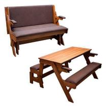 Banco que vira mesa 4 estofado pessoas madeira maciça 1,30m cor natural - Mil Cadeiras