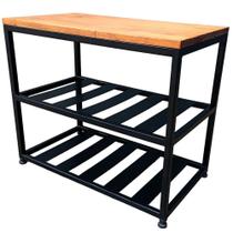 Banco Sapateira Industrial Organizadora com Chapas de Ferro em Preto e Assento de Madeira Castanheira