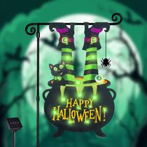 Bandeira de jardim iluminada de Halloween para exterior, bandeira em forma de pés de bruxa, decoração de quintal, 8 modos, caldeirão de dupla face, globo ocular, gato preto, decorações de Halloween ao ar livre para varanda de casa