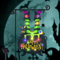 Bandeira de jardim iluminada de Halloween para exterior, bandeira LED solar de jardim de 8 modos, bandeira em forma de pés de bruxa, caldeirão de dupla face, globo ocular de caldeirão de dupla face, decorações de gato preto para varanda doméstica