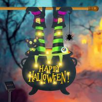 Bandeira de jardim iluminada de Halloween para exterior, decoração de jardim com bandeira em forma de pés de bruxa, 8 modos, caldeirão, globo ocular, preto, gato preto, decorações de Halloween ao ar livre para varanda doméstica (branco quente - 28 x 40)