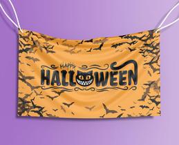 Bandeira Decorativa Gato Happy Halloween 80cmx140cm Tecido Oxford 100% Poliéster
