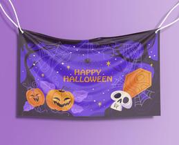 Bandeira Decorativa Happy Halloween Roxo Dia Das Bruxas 80cmx140cm Tecido Oxford 100% Poliéster