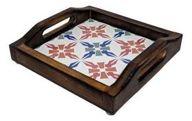 Bandeja Cafe Da Manha Madeira E Azulejos Coloridos - Com Alça