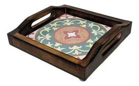 Bandeja Cafe Da Manha Madeira E Azulejos Coloridos - Com Alça