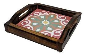 Bandeja Cafe Da Manha Madeira E Azulejos Coloridos - Com Alça