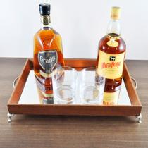 Bandeja Café Espelhada-LUXO Madeira cor MARROM 26x39x5 com alças e pés metal prateado/cromado