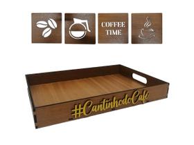 Bandeja Cantinho Do Café Porta Copos Com Kit 4 Quadrinhos - Mdf Store