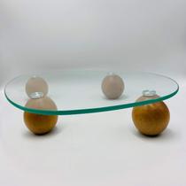 Bandeja / Centro de Mesa Decorativo com Bases em Esferas Madeira Natural e Vidro 30x37cm