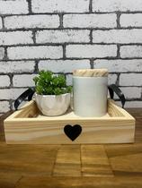 Bandeja Clean Quadrada alça em Couro, Bandeja Decorativa, Bandeja de Madeira Pinus