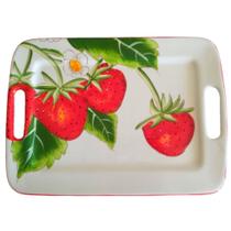 Bandeja Com Alças Cerâmica Pintada á Mão Morangos 44x32x2cm