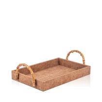 Bandeja Couro Texturizado Fendi e Alça de Bambu P