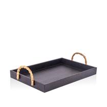 Bandeja Couro Texturizado Preto e Alça de Bambu M