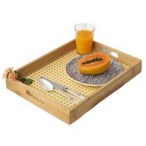 Bandeja de Bambu c/ Palha Indiana Para Servir Café da Manhã Decorativa Multiuso Retangular