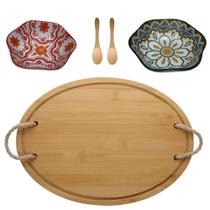 Bandeja de bambu com alça em corda 2 mini bowl e colheres Bandeja de bambu com alça em corda 2 mini bowl e colheres