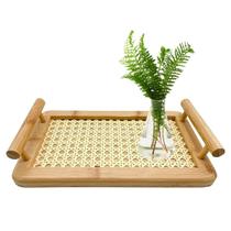 Bandeja de Bambu Palha Indiana Para Servir Café da Manhã Decorativa Multiuso Retangular