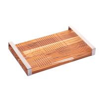 Bandeja de Madeira com Alça Em Aço Inox Teca 37cm X 23cm X 5cm - Woodart - Bandeja da Wolff com detalhes na madeira, decoração para cozinha, tabua