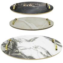 Bandeja de madeira mdf oval decorativa com alca de metal marmore 40x24cm Bandeja de madeira mdf oval decorativa com alca de metal marmore 40x24cm