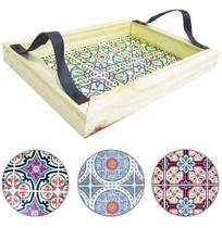 Bandeja de Madeira Retangular Mosaico com Alça 30 cm
