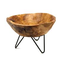 Bandeja de Madeira Rustica com Pe de Metal 28x24x18cm