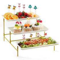 Bandeja de servir Lifewit de 3 camadas de plástico branca com suporte dourado 50x31cm Bandeja de servir Lifewit de 3 camadas de plástico branca com suporte dourado 50x31cm