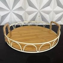 Bandeja decorada multiuso redonda de madeira mdf com alça de corda branca para cozinha banheiro cantinho café bandeija