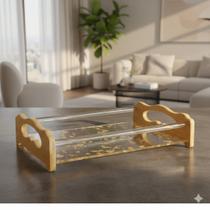 Bandeja Decorativa com Folhas de Ouro em Acrílico Cristal Elegância e Sofisticação para Decoração