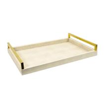 Bandeja Decorativa Couro Bege Alça Metal Dourado Retangular Bandeja Decorativa Couro Bege Alça Metal Dourado Retangular