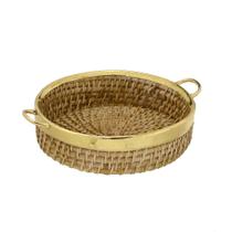 Bandeja Decorativa de Fibra Natural e Alumínio Redonda Dourado 32cm