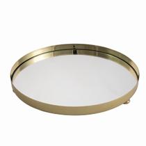 Bandeja decorativa espelhada redonda em metal dourada 2929cm