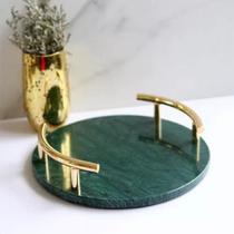 Bandeja Decorativa Mármore Verde Alça Metal Dourado 25x6