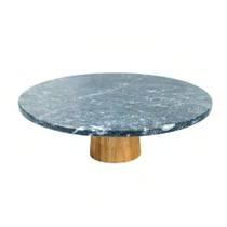 Bandeja Decorativa Redonda Mármore e Pé Em Madeira Sofisticado