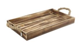Bandeja decorativa rústica de madeira natural natural com alças laterais de corda retangular Cheung, marrom