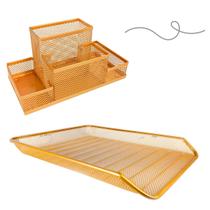 Bandeja documentos e porta caneta organizador de mesa dourado