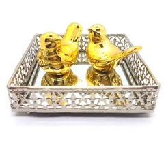 Bandeja Espelhada Decorativa Prata Casal Pássaros Gold 12cm