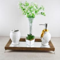 Bandeja Espelhada Lavabo Banheiro "SLIN" madeira DOURADA 12x32x4cm pés de metal prateado/cromado