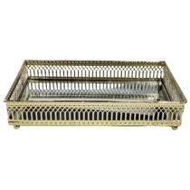 Bandeja Luxo Decorativa Metal Base de Vidro Espelhado 22x14