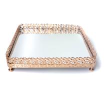 Bandeja Luxo Ouro Rose Retangular Metal Com Espelho17X20 Bandeja Luxo Ouro Rose Retangular Metal Com Espelho17X20