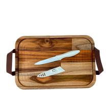 Bandeja madeira feita a mão com alças em couro e faca Branca Bandeja madeira feita a mão com alças em couro e faca Branca