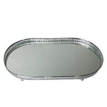 Bandeja metal c/espelho oval flower edge prata peq 32 x 16,5 x 3 cm