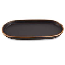 Bandeja Oval Em Cerâmica Preta Com Borda Dourada 27Cm Bandeja Oval Em Cerâmica Preta Com Borda Dourada 27Cm